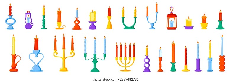 Retro candles in candlesticks set. Candle holders