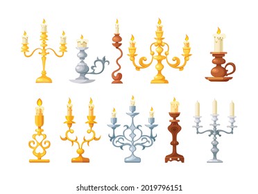 Retro candles in candlesticks set. Retro vintage candle holders, chandelier and candelabrums with burning flames and decorative yellow bronze and silver. Household and church items cartoon vector