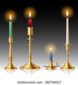 Retro candlesticks with candles isolated on background. Vector illustration