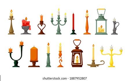 Retro candlesticks and lamps set. Old hand lanterns with candle green twisted wax holders elegant victorian style decorative yellow bronze and decorations traditional lighting. Vector catoon decor.