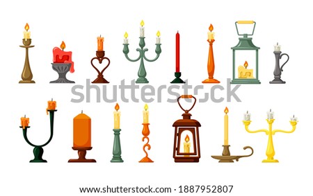 Retro candlesticks and lamps set. Old hand lanterns with candle green twisted wax holders elegant victorian style decorative yellow bronze and decorations traditional lighting. Vector catoon decor.