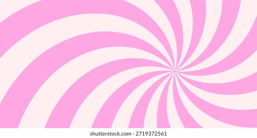 Fundo espiral de cana-de-doce retro com redemoinhos de creme de morango. Pink whirlpool bg. Vórtice caprichoso Y2K padrão com pastel rosa e branco raios em estilo de desenho animado psicodélico.