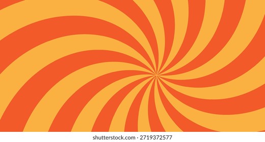 Fundo espiral de cana-de-doce retro com redemoinhos de creme doce. Redemoinho amarelo e vermelho bg. Vórtice caprichoso Y2K padrão com feixes radiais laranja em estilo de desenho animado psicodélico.