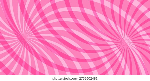 Retro candy cane spiral background with strawberry cream swirls. Pink whirlpool bg. Whimsical Y2K vortex pattern featuring pastel pink and white radial beams in psychedelic cartoon style.