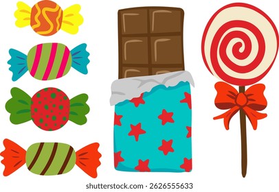 retro candy vector set – isolated bright sweets including chocolate bar, lollipop with ribbon, colorful wrapped candies vintage confectionery design projects