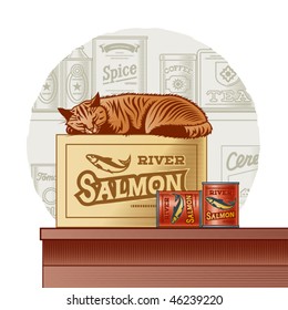 Retro canned fish and sleeping cat. Vector