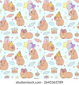 Retro Capybara aniversário sem emenda padrão, Vintage Capybara padrão animal, papel digital preppy, capybara bonito padrão repetitivo