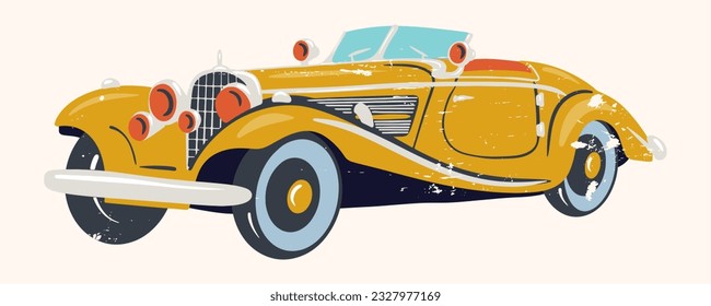 Retro car of the 1940s. Vintage car. Vector illustration with retro texture. Flat pattern with scuffs.