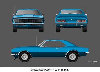 Retro Car Of 1960s. Blue American Vintage Automobile In Realistic Style. Front, Side And Back View. 3d Classic Auto. Vector Illustration