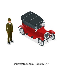 Retro car of the 20th century. Urban transport. Can be used for advertisement, infographics, game or mobile apps icon. 