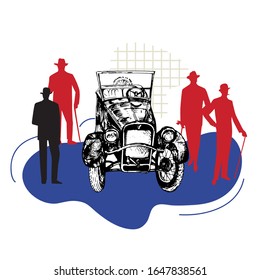 Retro car with abstract elements and silhouettes of men. Vector illustration.