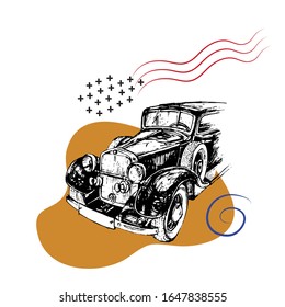 Retro car with abstract elements. Vector illustration.