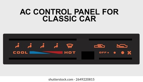 Retro car AC control panel 90's style dashboard, showing cool to hot airflow icons and classic ventilation controls. Ideal for vintage automotive design themes.