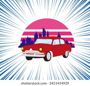 Retro car against the background of a landscape of skyscrapers and sunset.. City background. Speed lines. Design of greeting cards, posters, patches, prints on clothes, emblems. Retro car.
