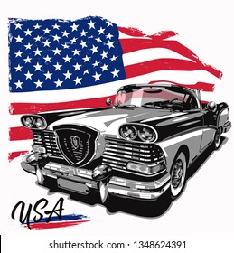 Retro car with american flag, vector illustration