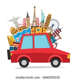 retro car and architectural sights. summer travel holidays. Travel around the world. isolated on white background. vector illustration in flat style modern design.
