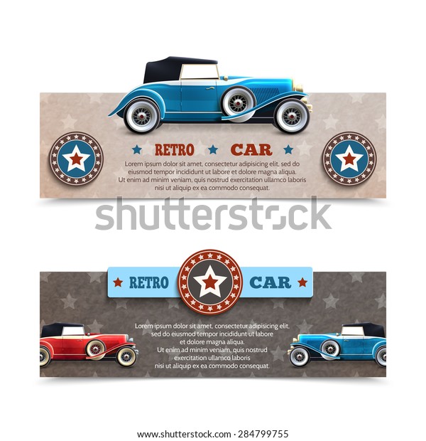 Retro car banners set with cabriolet auto\
collection isolated vector\
illustration