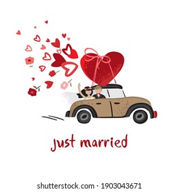 Retro car with a big heart on top, a couple of lovers sprays hearts and flowers isolated on white. Banner concept about newly married couple in a vintage style. Wedding card. Vector illustration.