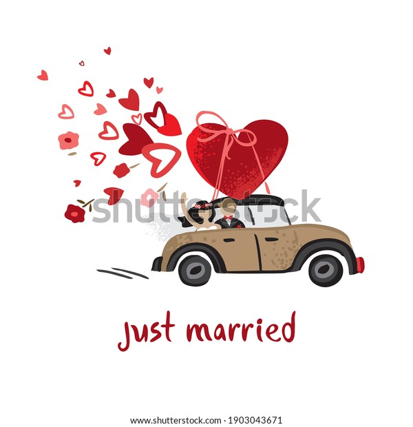 Retro car with a big heart on top, a couple\
of lovers sprays hearts and flowers isolated on white. Banner\
concept about newly married couple in a vintage style. Wedding\
card. Vector\
illustration.