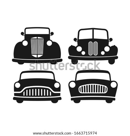 Retro car black isolated vector illustration set. Old, vintage style automobile.