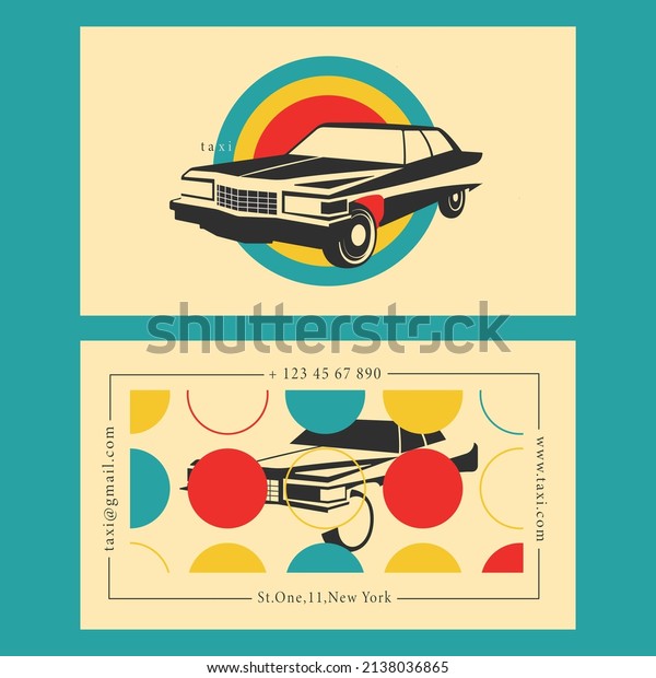 Retro car business card taxi background 70s\
with blue, yellow and red\
colours	