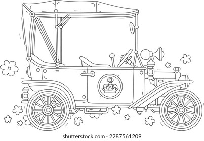 Retro car cabriolet decorated with a royal crown emblem for a solemn ceremony and parades, black and white outline vector cartoon illustration for a coloring book