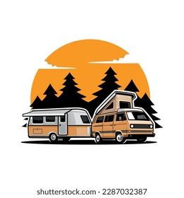 retro car with camper trailer illustration vector image