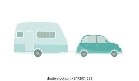 Retro car with camping trailer. Vector isolated color illustration in flat style.
