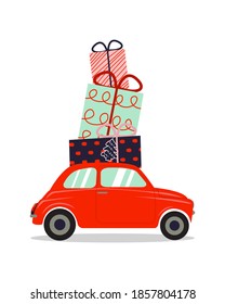 Retro car carrying pile of Christmas presents. Clip art vector isolated on white.