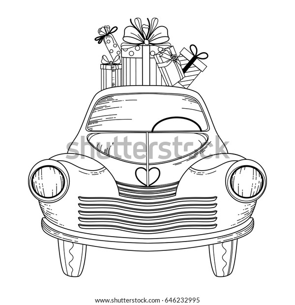 Retro car carrying presents. Doodle\
illustration, anti stress coloring pages, art therapy. Vector\
illustration on white background. Hand drawn\
sketch.
