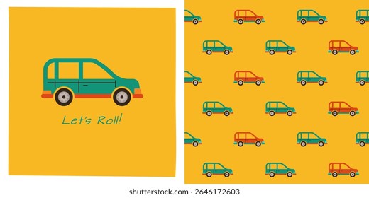 Carro retrô desenho animado sem costura padrão. Desenhado à mão bonito carro automóvel criança infinito ilimitado projeto de fundo. Simples crianças engraçado transporte automático quadrinhos repita impressão papel de parede vetor ilustração