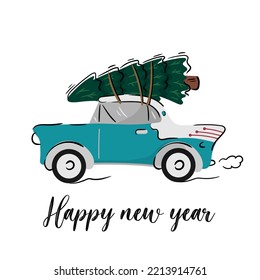 Retro car with a Christmas tree. The car is carrying gifts.Vector illustration.