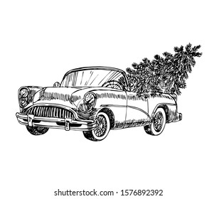 Retro car with Christmas tree. Fir-tree. Line art style.