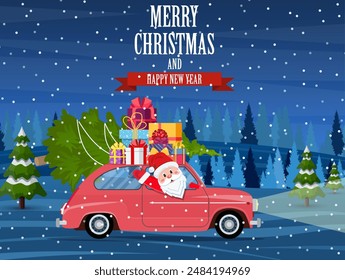 Retro car with Christmas tree and gift boxes driving by happy Santa on winter landscape. Merry christmas holiday. New year and xmas celebration. Vector illustration in flat style