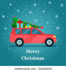 Retro Car With Christmas Tree And Gift Boxes. Vector Flat Illustration