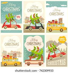 Retro Car with Christmas Tree and Gift Boxes. Xmas Posters Winter Holidays Set.  Vector Illustration.