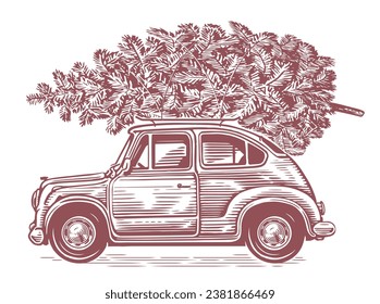 Retro car with Christmas tree on top in sketch art style. Hand drawn vintage vector illustration