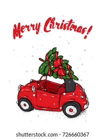 Retro car with a Christmas tree on the roof. Vector illustration. New Year's and Christmas.