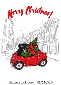 Retro car with a Christmas tree on the roof. Vector illustration. New Year's and Christmas.