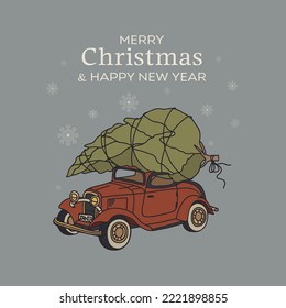 Auto retro con un árbol de Navidad. Ilustración vectorial de Navidad