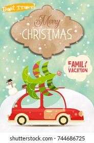 Retro Car with Christmas Tree. Xmas Poster Winter Holidays.  Vector Illustration.