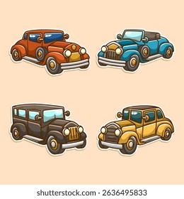 Retro car classic vehicle transportation cartoon collection set