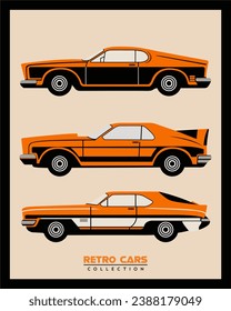 Retro car collection flat illustration vector classic vehicle vintage old era printable