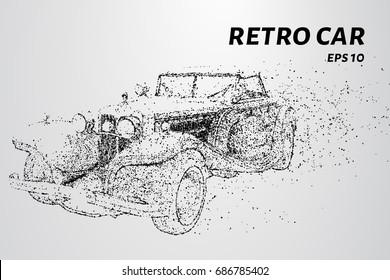 Retro car consists of dots and circles. Old car blows the wind particles. Vector illustration