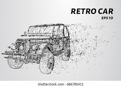 Retro car consists of dots and circles. Old car blows the wind particles. Vector illustration