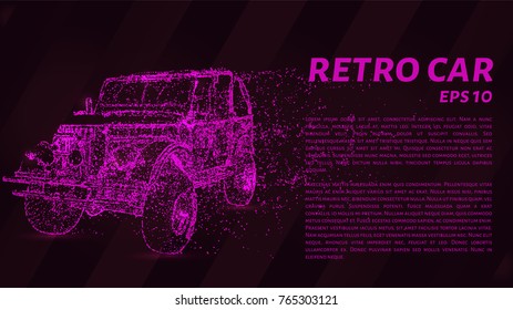 Retro car consists of dots and circles. Old car blows the wind particles. Vector illustration