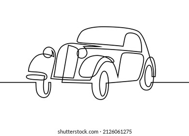 Retro Car In Continuous Line Art Drawing Style. Vintage Automobile Black Linear Sketch Isolated On White Background. Vector Illustration