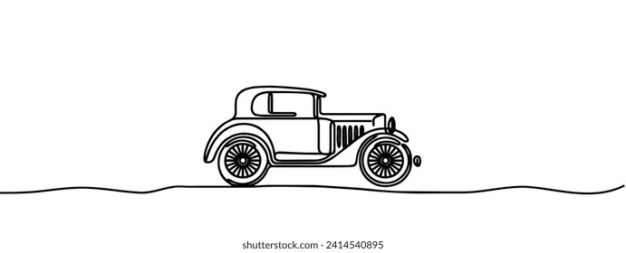 Retro car in continuous line art drawing style. Vintage automobile minimalist black linear sketch isolated on white background. Vector illustration