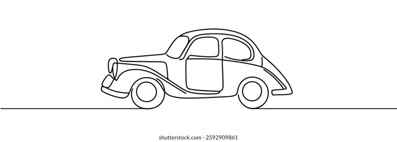 Retro car continuous one line vector drawing.