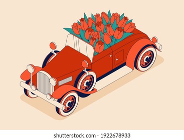 Retro car convertible with big bouquet of tulips. Vintage car from 30s in red color. Greeting card for women on a holiday. Vector illustration